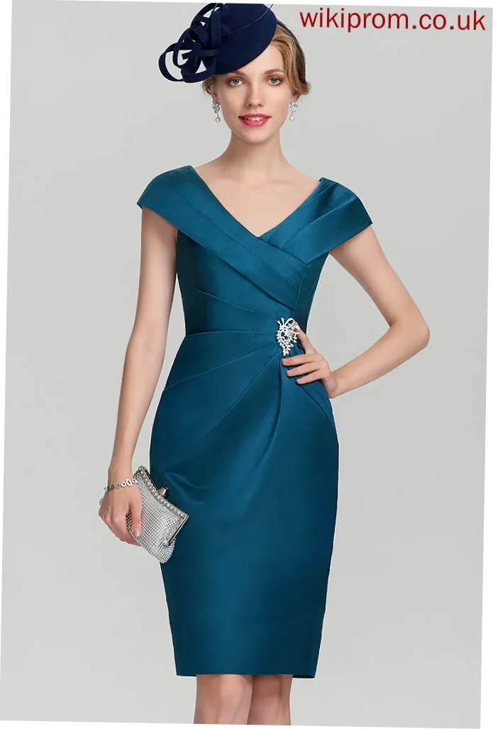 Sheath/Column Knee-Length Cocktail Dresses Marian Satin Dress Ruffle With Beading Cocktail V-neck