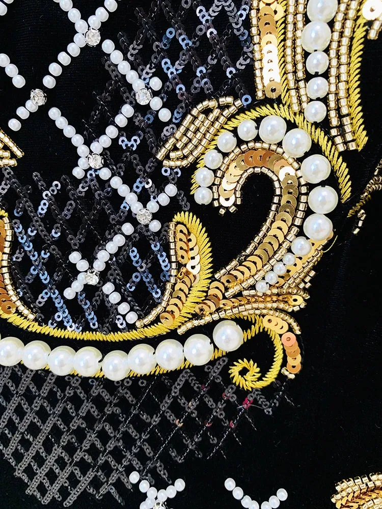 Stunning Sequined Pearls Beaded Velvet Dress