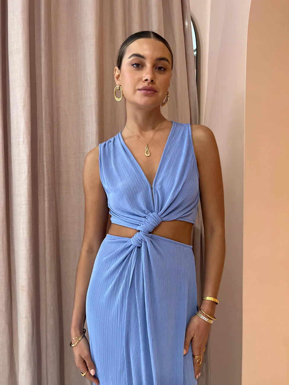 Suboo Ether Sleeveless Cross Over Midi Dress in Cornflower