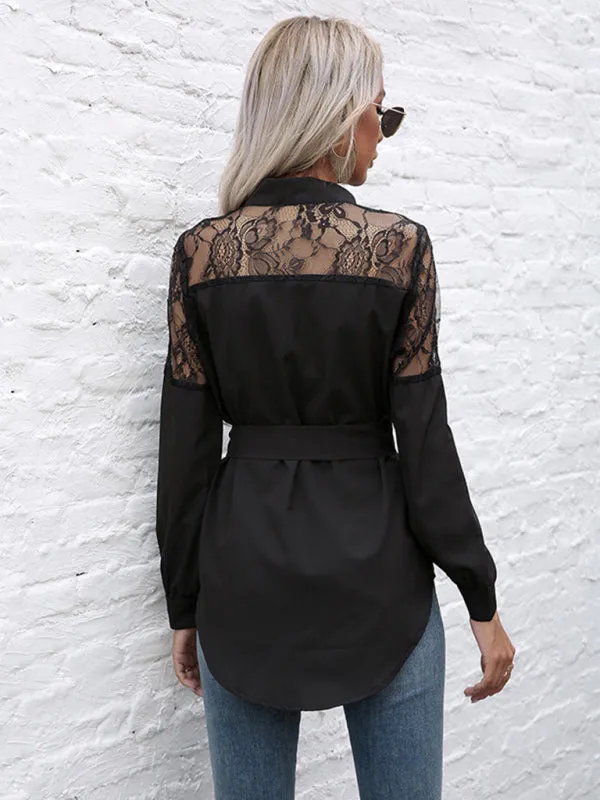 TEEK - Tie Waist Black Patchwork Lace Shirt