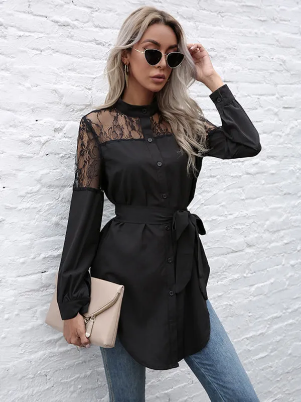 TEEK - Tie Waist Black Patchwork Lace Shirt