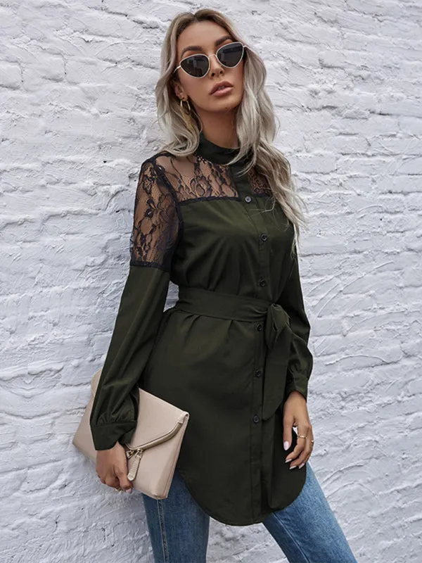 TEEK - Tie Waist Black Patchwork Lace Shirt