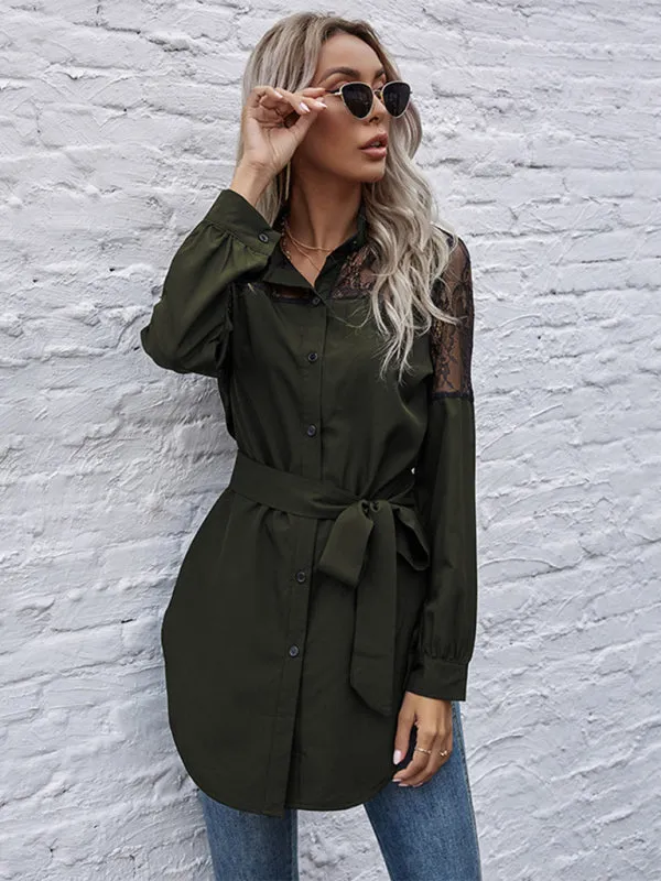 TEEK - Tie Waist Black Patchwork Lace Shirt