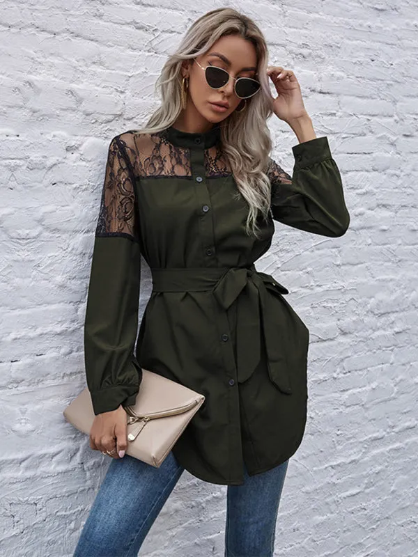 TEEK - Tie Waist Black Patchwork Lace Shirt
