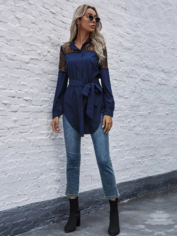 TEEK - Tie Waist Black Patchwork Lace Shirt
