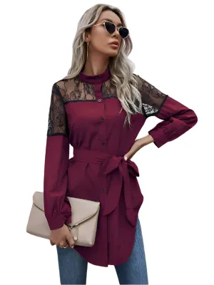 TEEK - Tie Waist Black Patchwork Lace Shirt