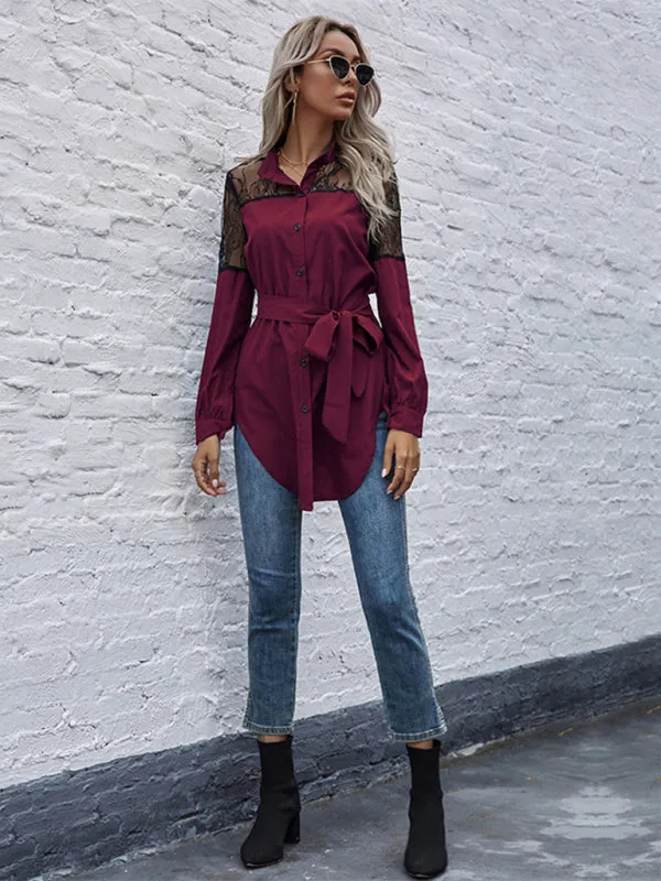 TEEK - Tie Waist Black Patchwork Lace Shirt