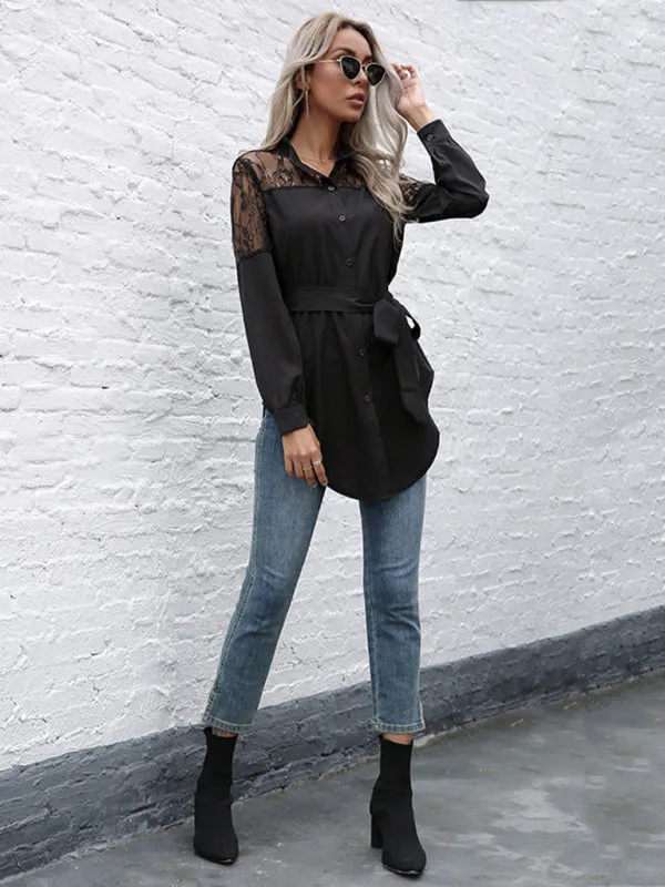 TEEK - Tie Waist Black Patchwork Lace Shirt