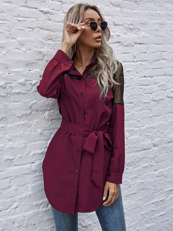 TEEK - Tie Waist Black Patchwork Lace Shirt