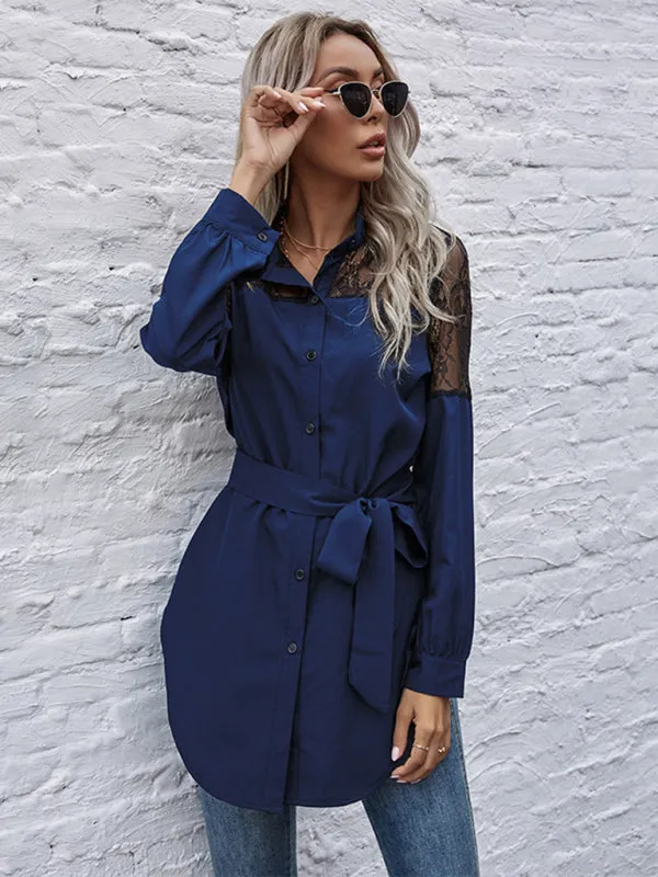 TEEK - Tie Waist Black Patchwork Lace Shirt
