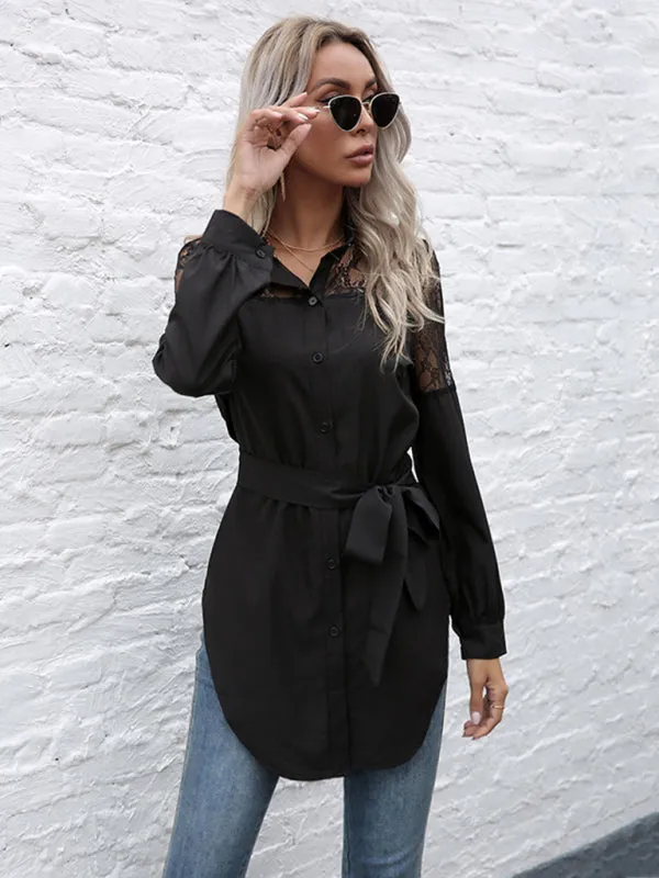 TEEK - Tie Waist Black Patchwork Lace Shirt