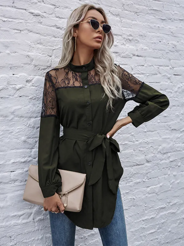 TEEK - Tie Waist Black Patchwork Lace Shirt