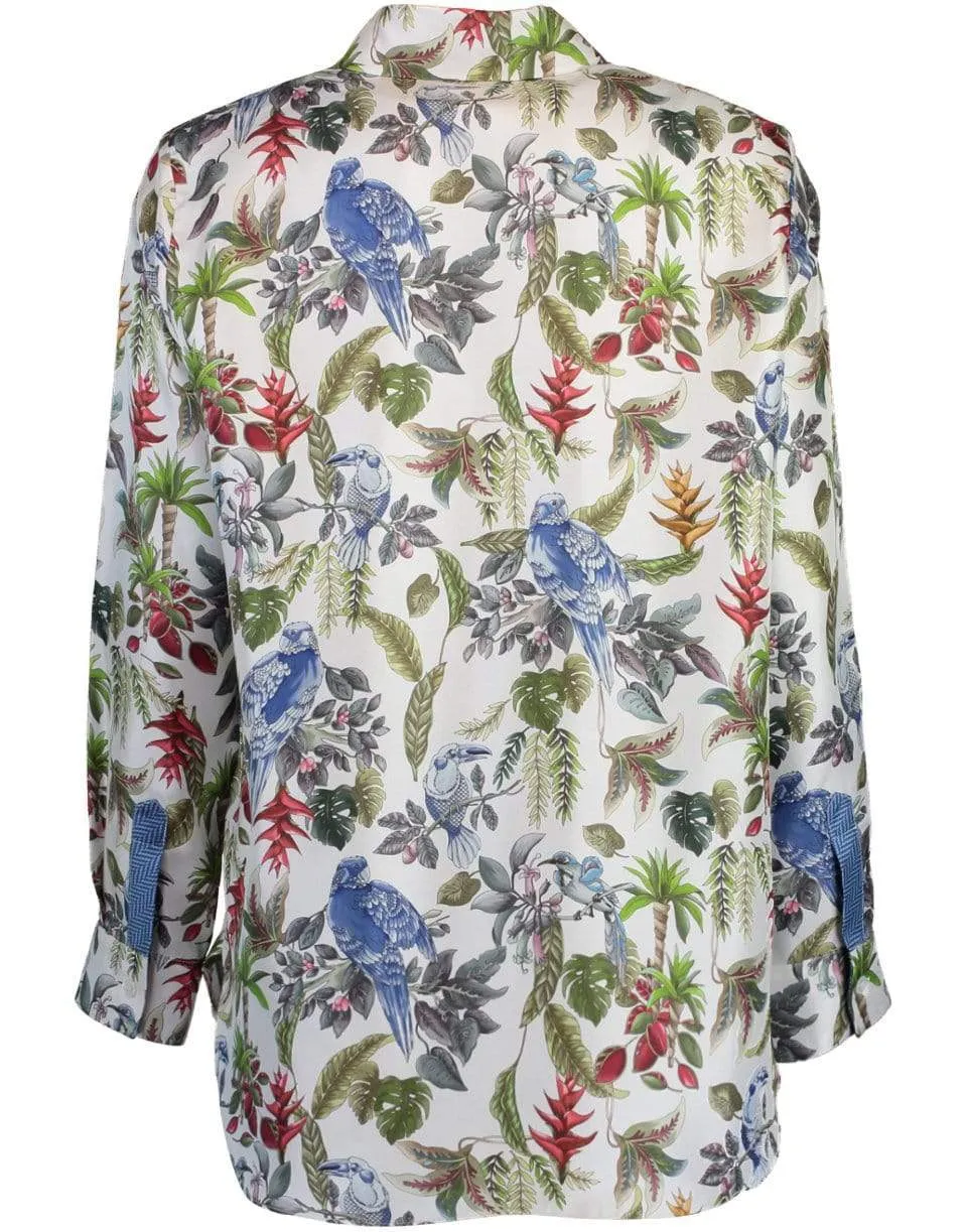 Tropical Bird Print Silk Button Up Shirt