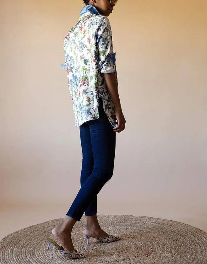 Tropical Bird Print Silk Button Up Shirt