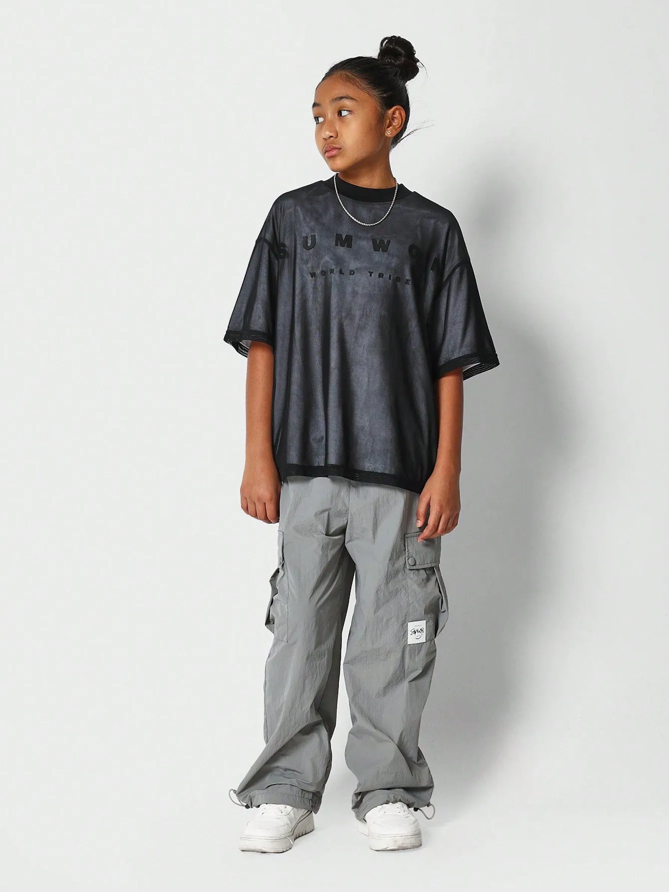 Tween Girls Mesh Oversized Fit Tee WIth Front Print
