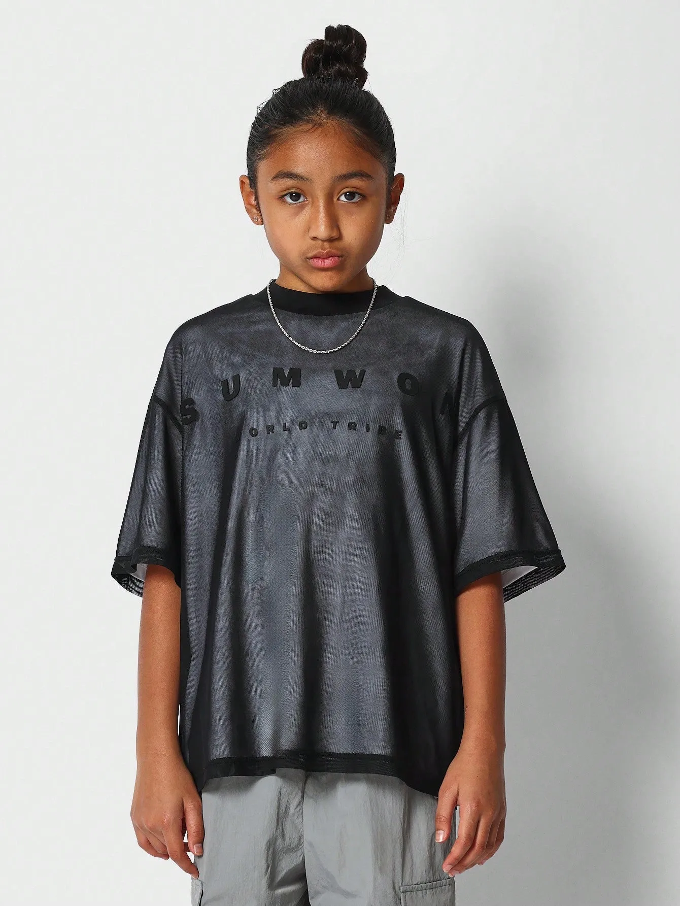 Tween Girls Mesh Oversized Fit Tee WIth Front Print