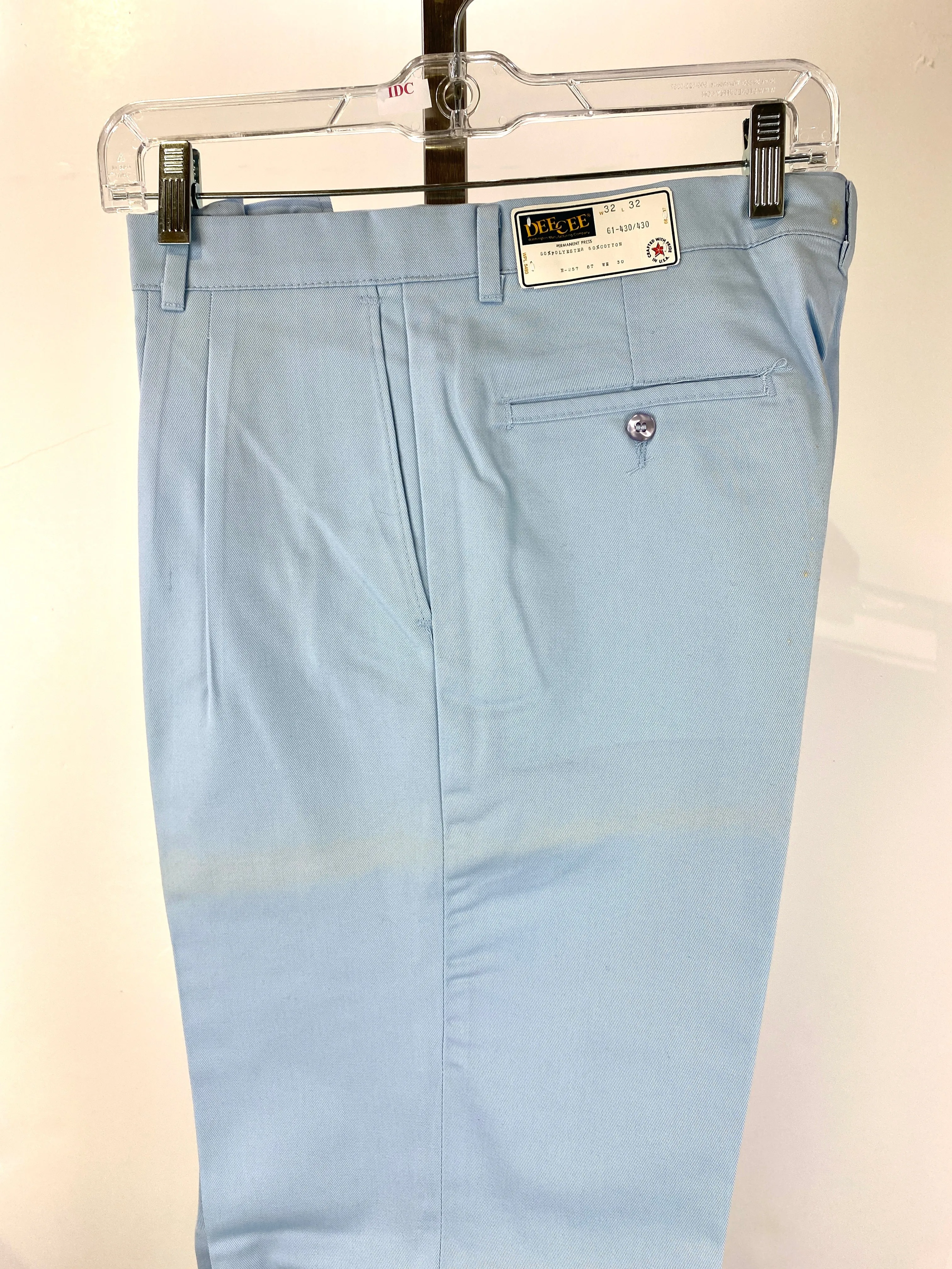 Vintage 1970s Deadstock Straight-Leg Polycotton Trousers, Men's Blue 'Dee Cee' Slacks, NOS