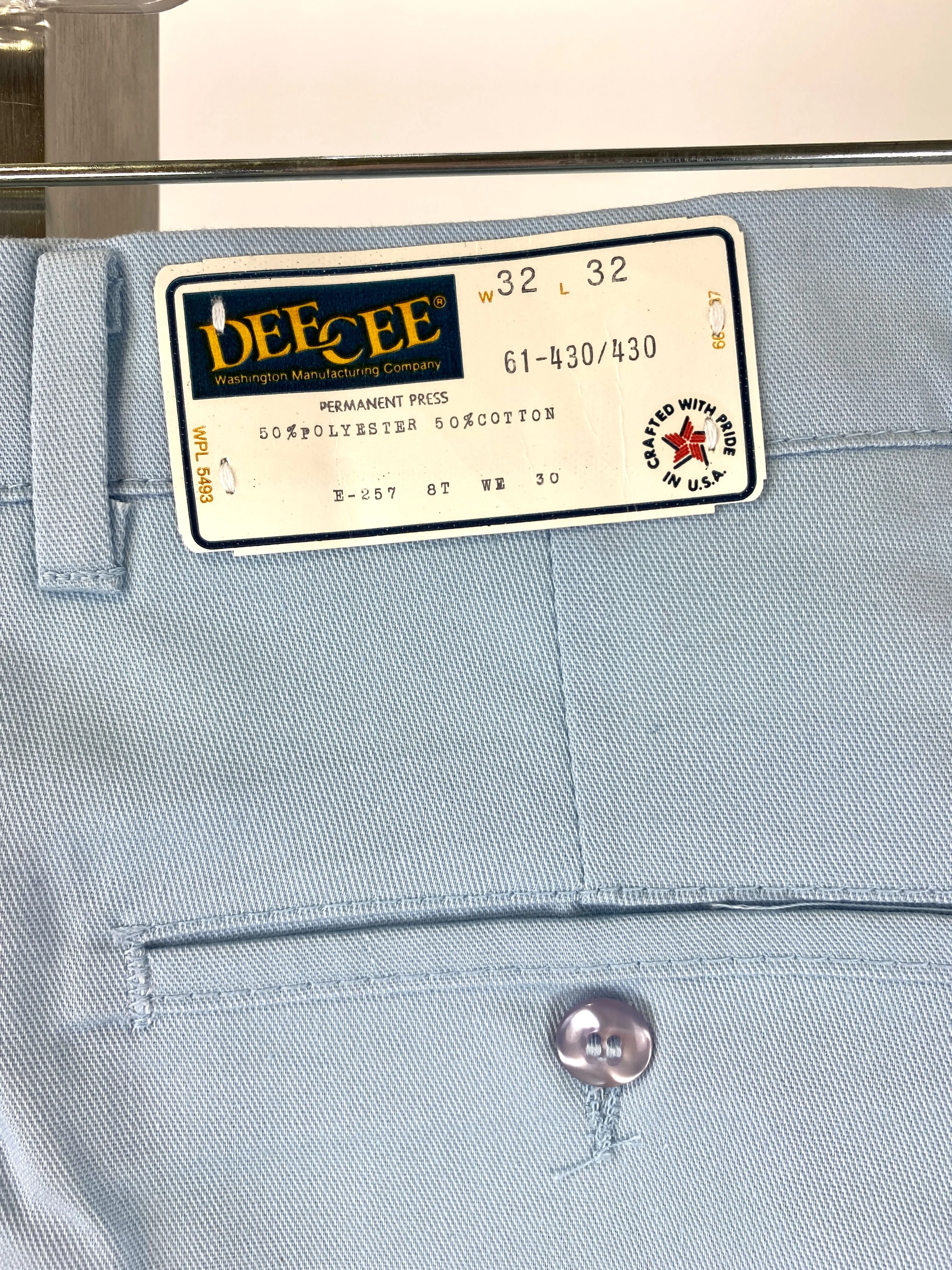 Vintage 1970s Deadstock Straight-Leg Polycotton Trousers, Men's Blue 'Dee Cee' Slacks, NOS