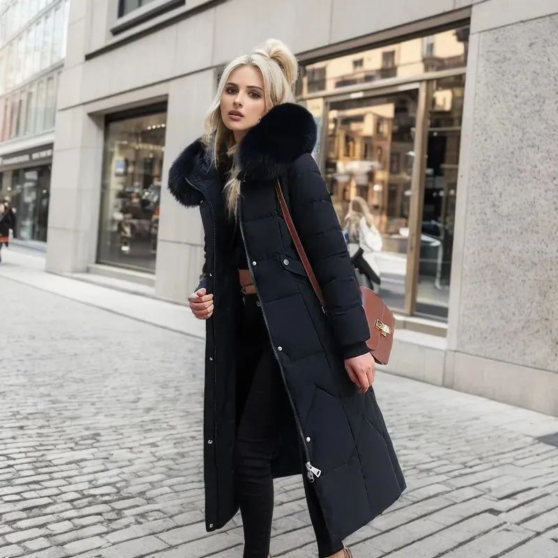 Women's Cotton-padded Clothes Over The Knee Large Fur Collar Quilted Jacket