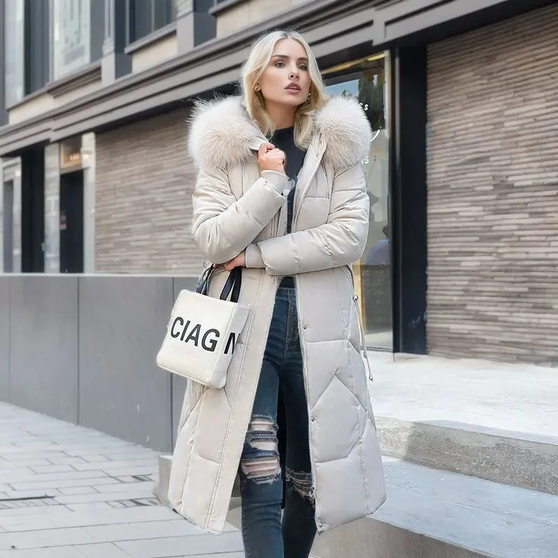 Women's Cotton-padded Clothes Over The Knee Large Fur Collar Quilted Jacket