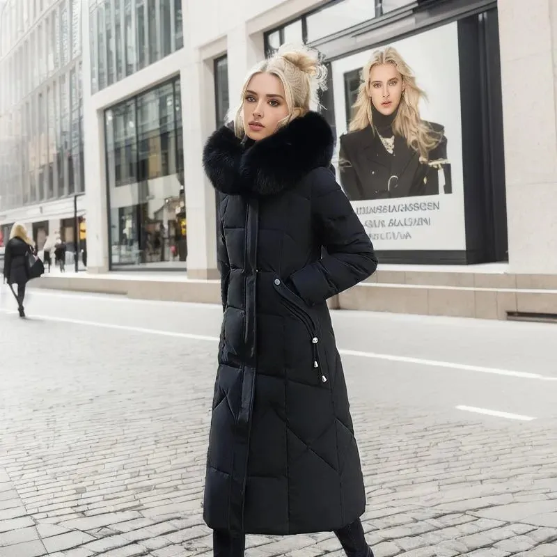 Women's Cotton-padded Clothes Over The Knee Large Fur Collar Quilted Jacket