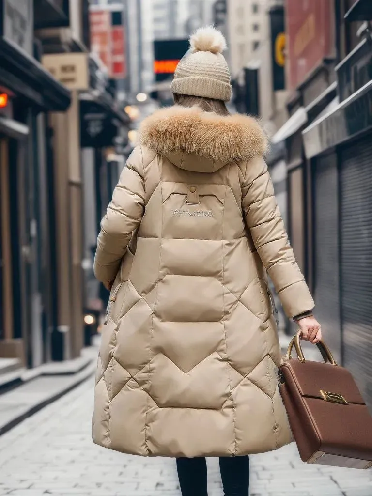 Women's Cotton-padded Clothes Over The Knee Large Fur Collar Quilted Jacket