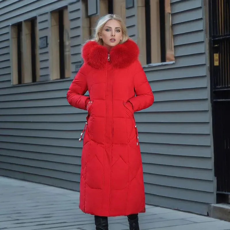 Women's Cotton-padded Clothes Over The Knee Large Fur Collar Quilted Jacket