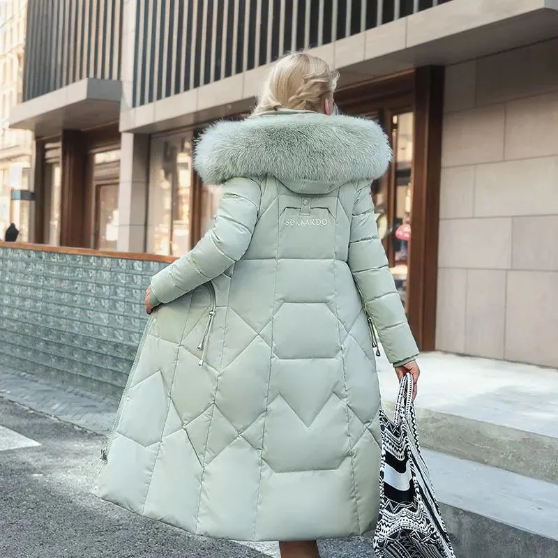 Women's Cotton-padded Clothes Over The Knee Large Fur Collar Quilted Jacket