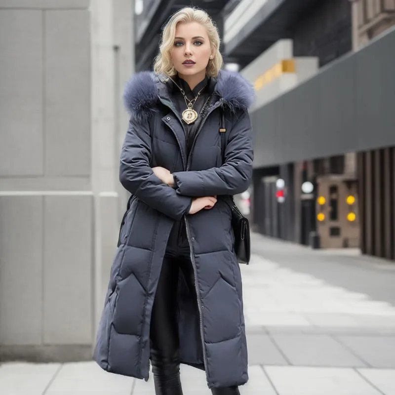 Women's Cotton-padded Clothes Over The Knee Large Fur Collar Quilted Jacket