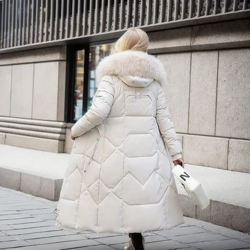 Women's Cotton-padded Clothes Over The Knee Large Fur Collar Quilted Jacket