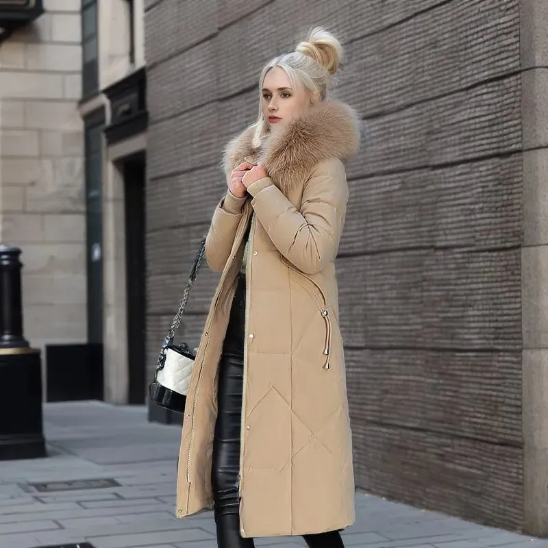 Women's Cotton-padded Clothes Over The Knee Large Fur Collar Quilted Jacket