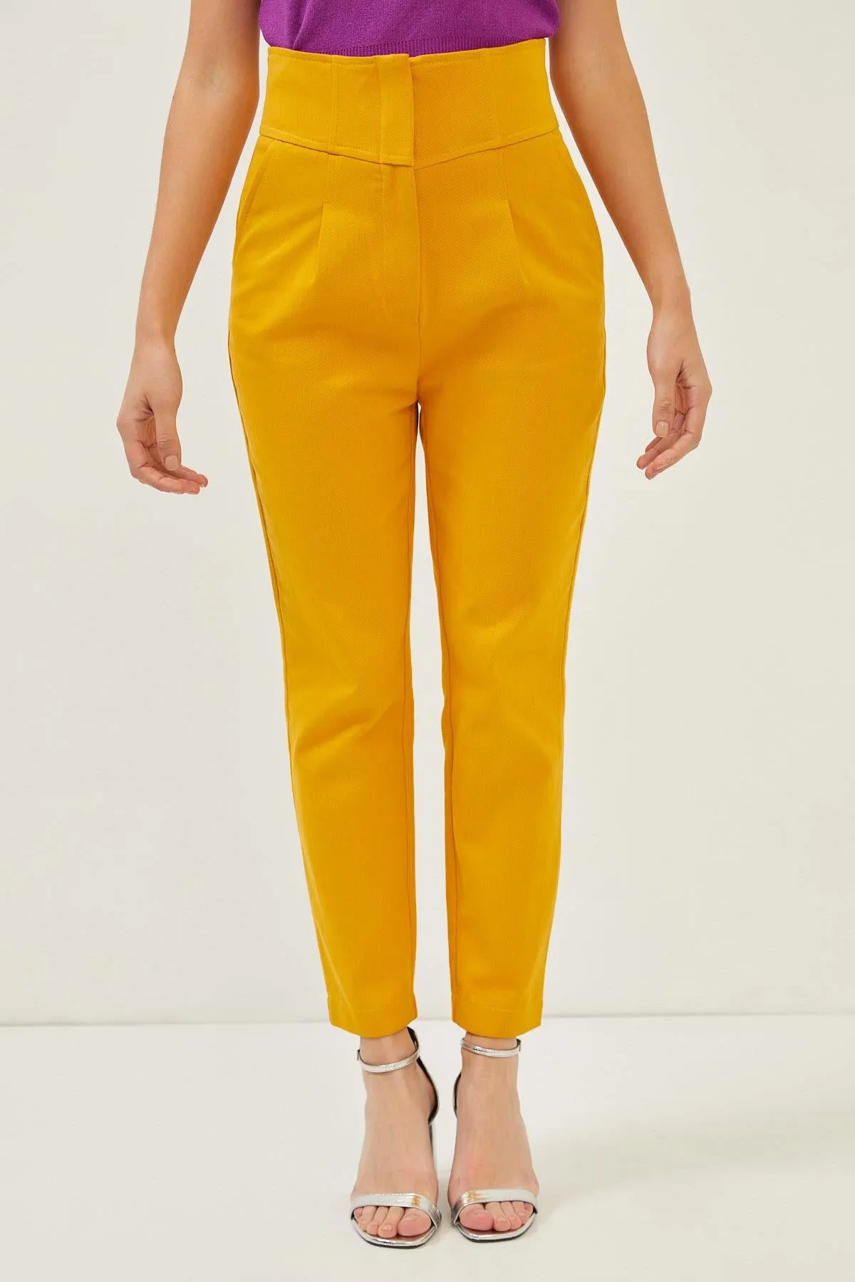 Yellow Cotton High Rise Straight Leg Trousers