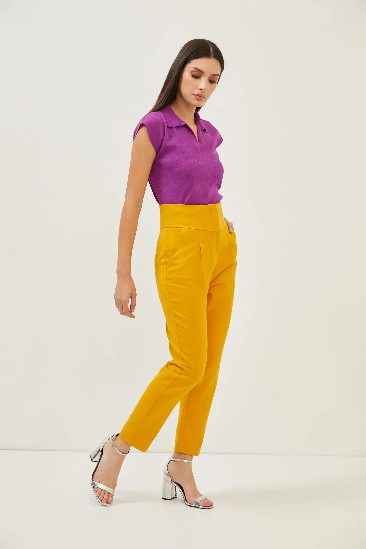 Yellow Cotton High Rise Straight Leg Trousers