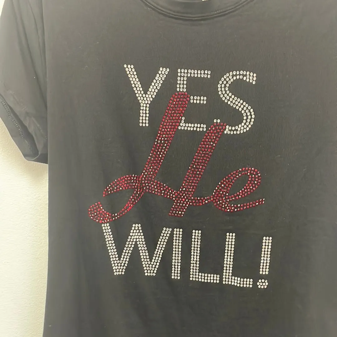 YES He Will! with Red Cross Premium Rhinestone Tee