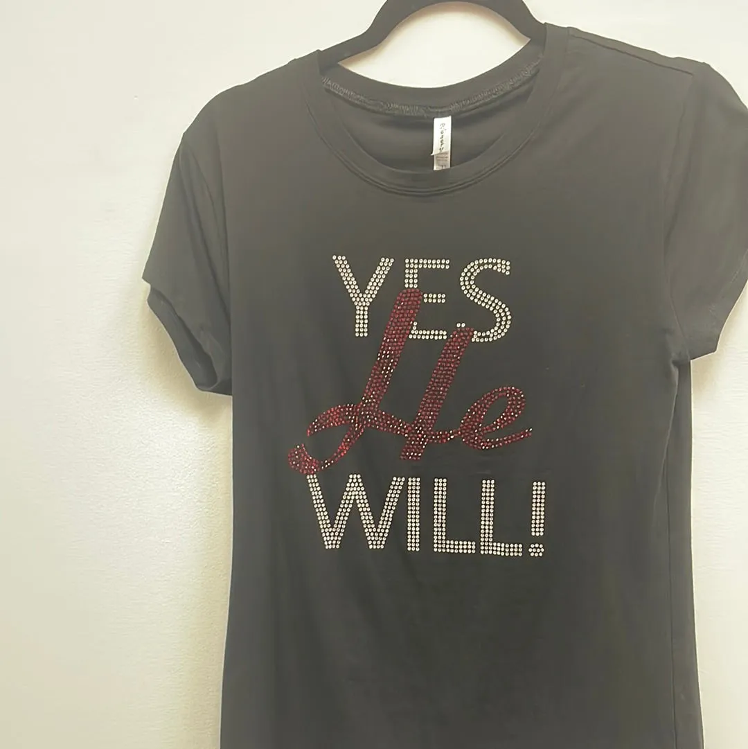 YES He Will! with Red Cross Premium Rhinestone Tee