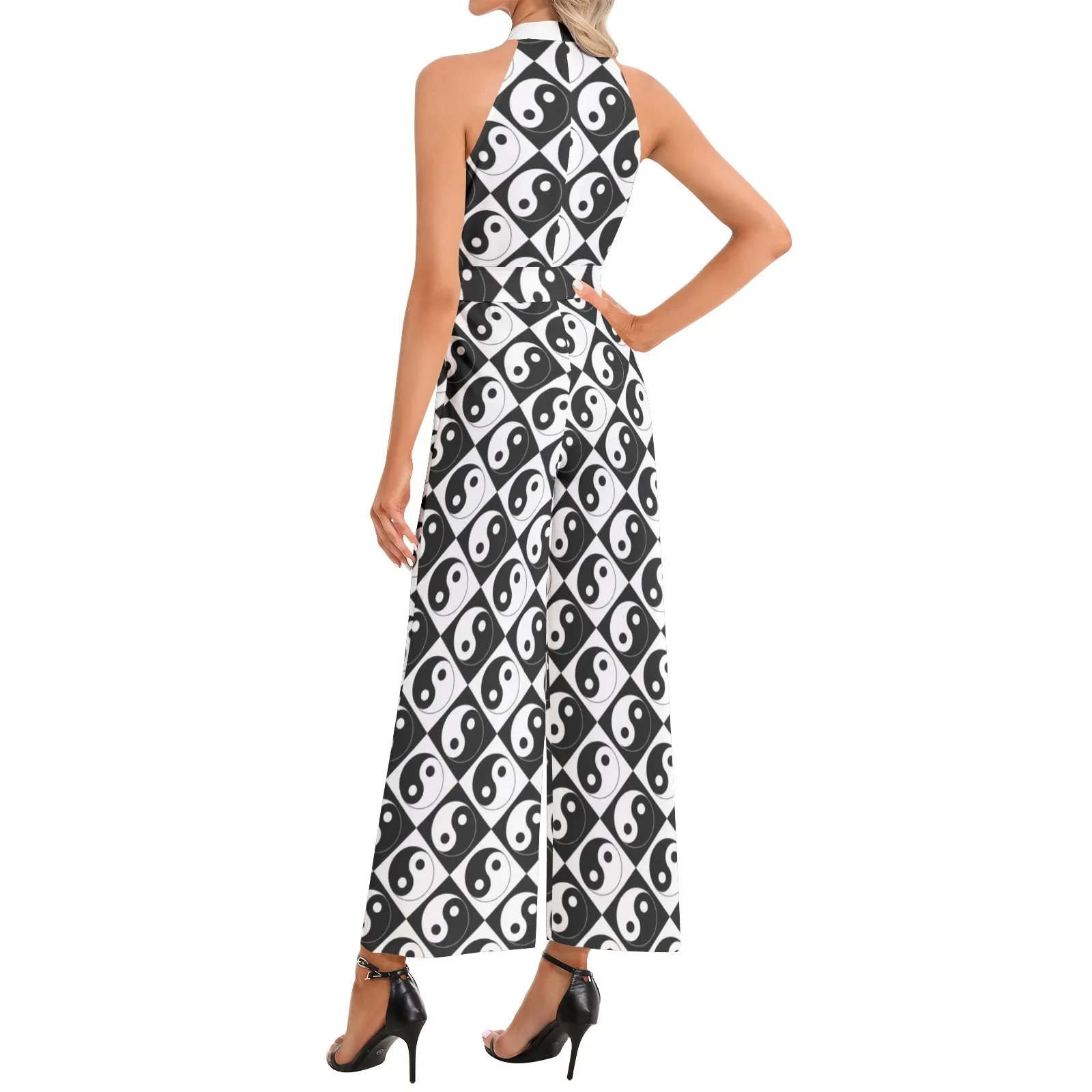 Yin and Yang Halter Neck Buckle Belted Jumpsuit