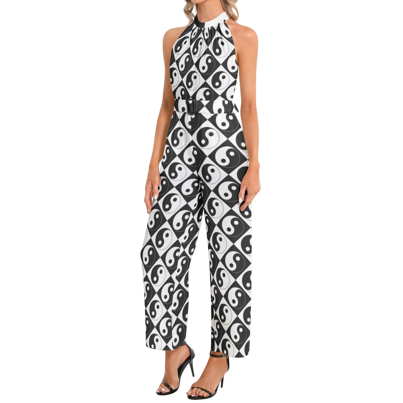 Yin and Yang Halter Neck Buckle Belted Jumpsuit