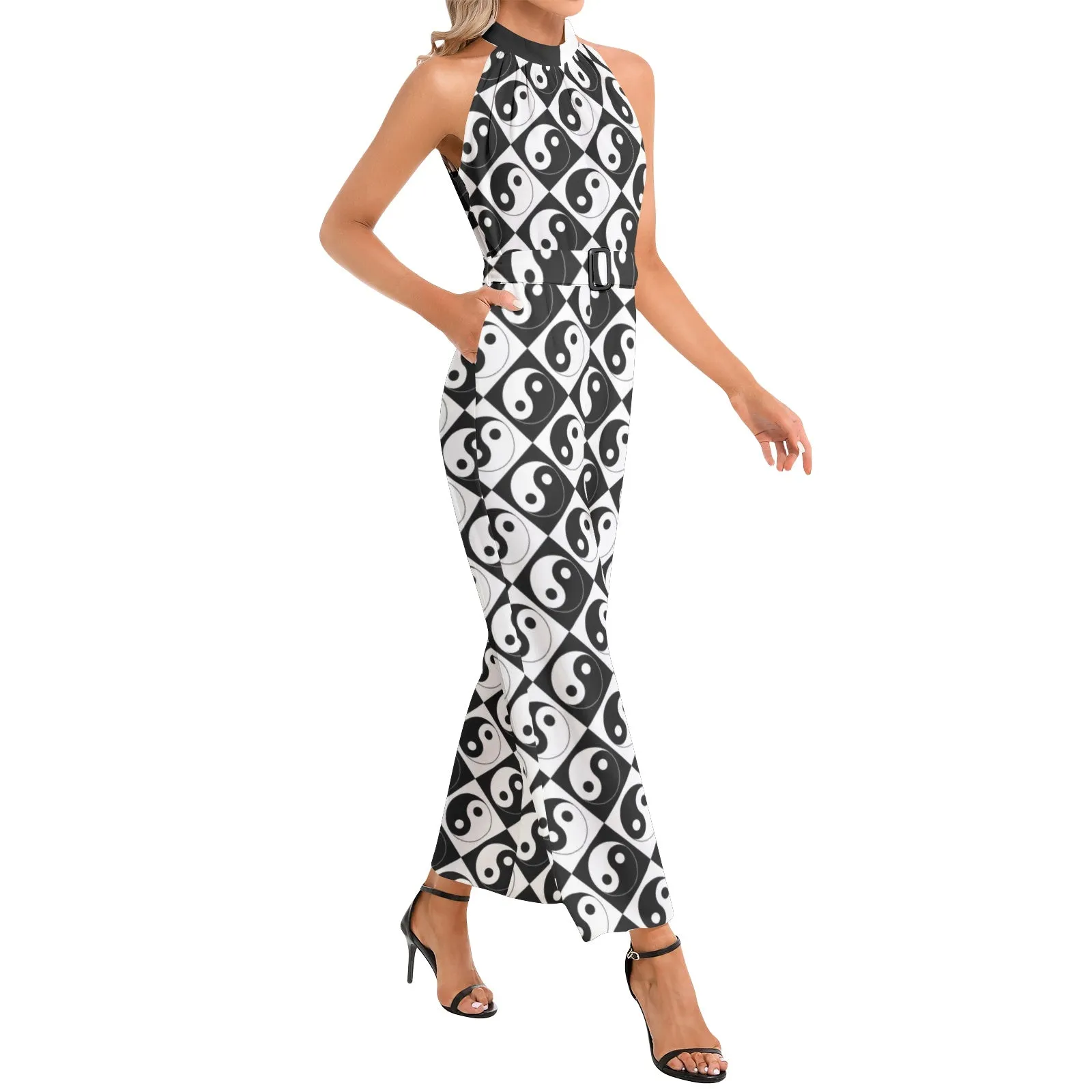 Yin and Yang Halter Neck Buckle Belted Jumpsuit